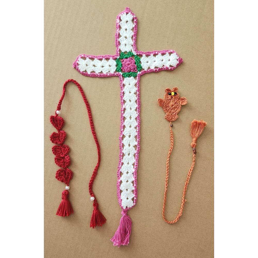 Handmade Crochet Bookmarks - Holy Cross, Hearts & Owl (Set of 3)